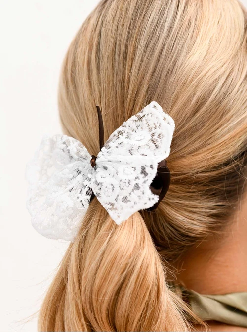 Gumka do włosów typu scrunchie, kokarda, koronka, brązowy O614386P00