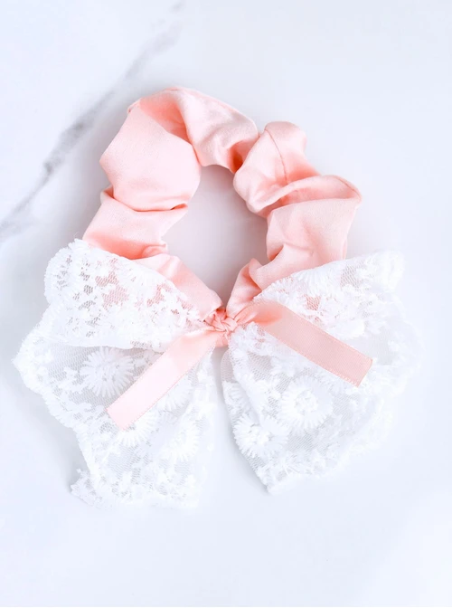 Gumka do włosów typu scrunchie kokarda, koronka, różowy O614385P00