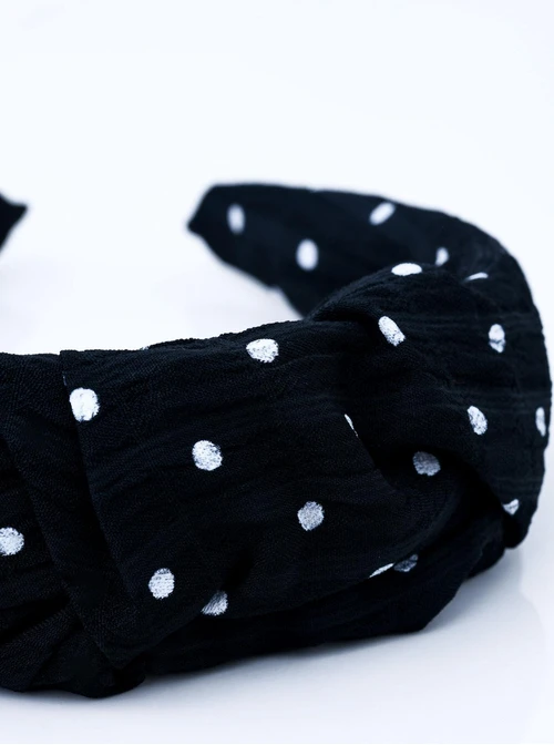 Opaska do włosów marszczona, białe kropki, czarna O814601P00