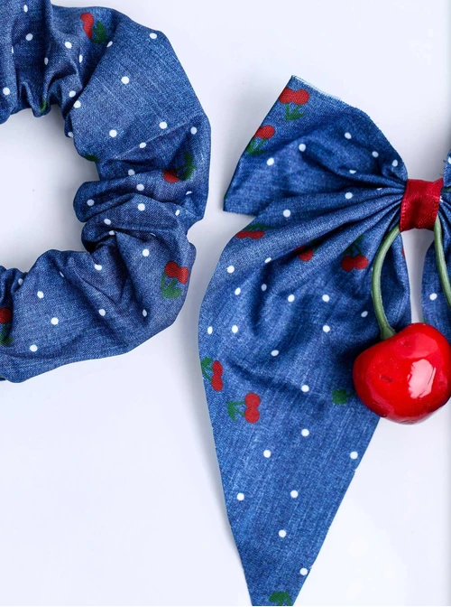 Zestaw ozdób do włosów, wisienki, kropeczki, granatowy O014814P00