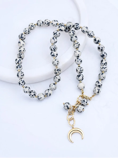 Naszyjnik księżyc, Jaspis Dalmatyńczyk, stal pozłacana S313099Z00