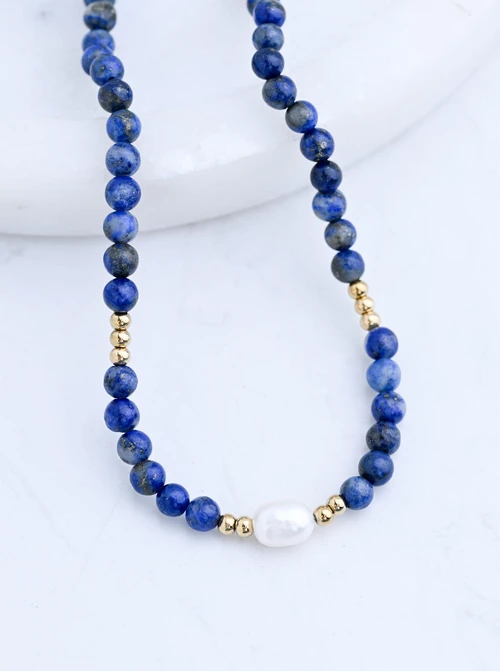 Naszyjnik perła, Lapis Lazuli, stal pozłacana S316179Z00