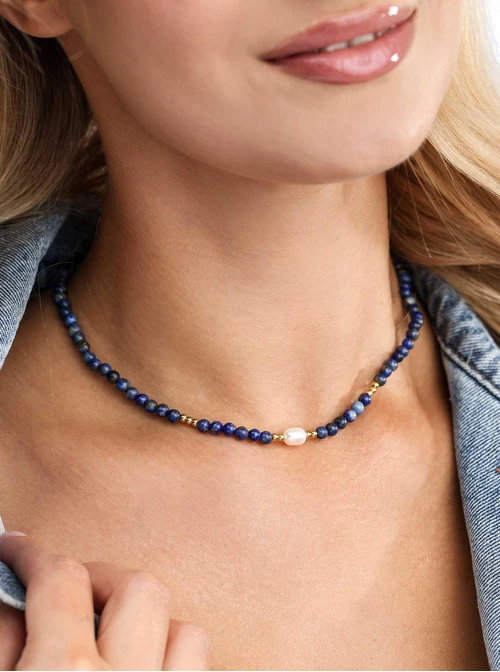 Naszyjnik perła, Lapis Lazuli, stal pozłacana S316179Z00