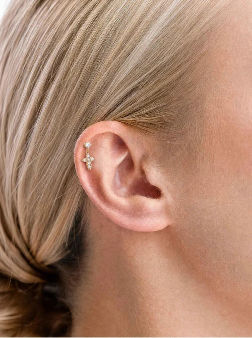 Kolczyk do piercingu labret, wiszący krzyżyk, stal pozłacana ST15938Z00