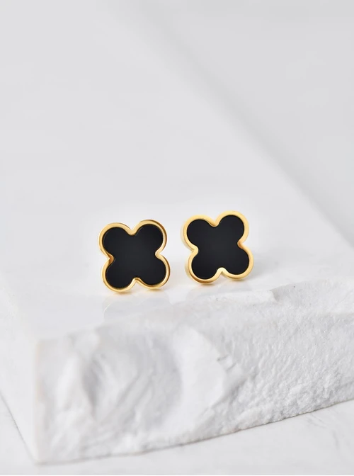 Kolczyki duże koniczynki, czarny, złoty S200239Z01