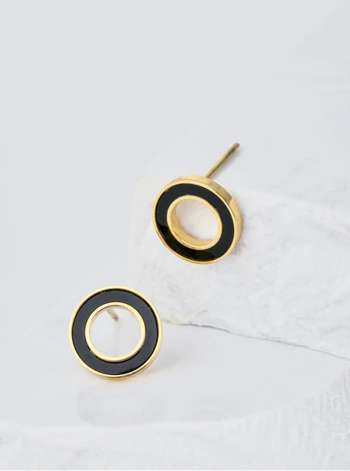 Kolczyki kółeczka, emalia, czarny,złoty S200290Z01