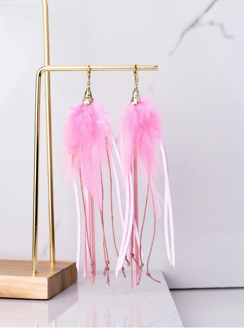 Kolczyki długie, pióra, różowy B2V70514-7