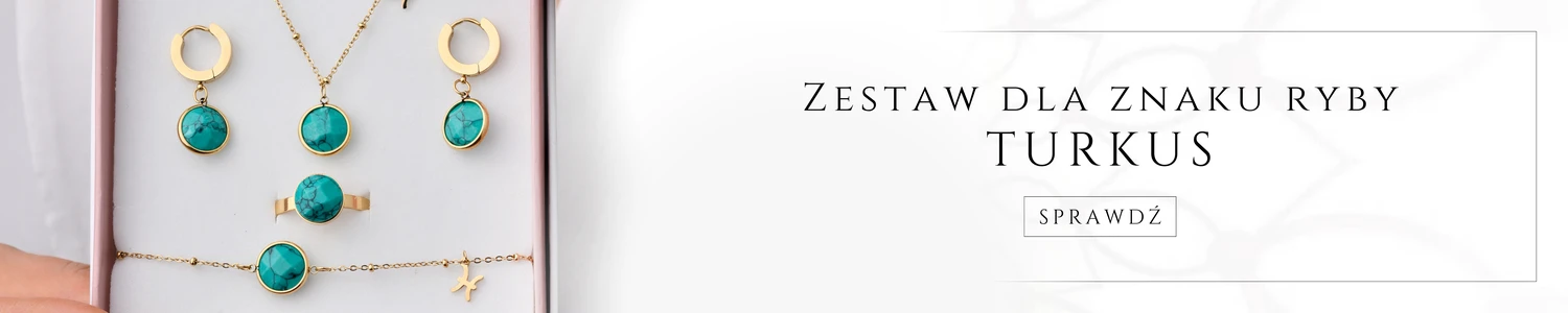 Zestaw biżuterii z turkusem dla znaku zodiaku Ryby – kolczyki, naszyjnik, pierścionek i bransoletka w złotym kolorze z kamieniem turkusowym. Napis: Zestaw dla znaku Ryby – Turkus. Przycisk: Sprawdź.