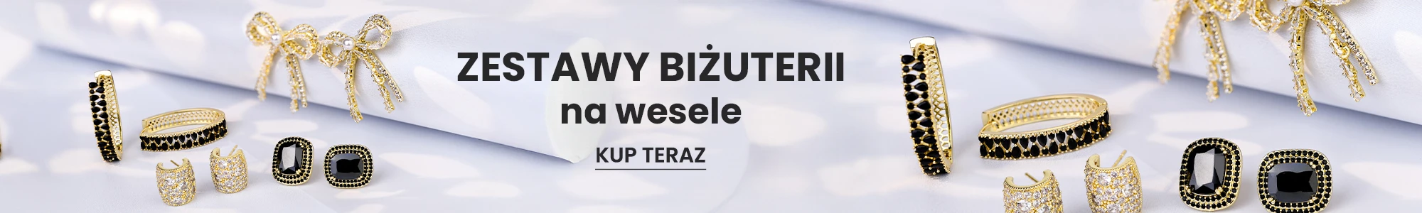 Zestaw biżuterii na wesele - złote kolczyki i pierścionki. Przycisk: Kup teraz.