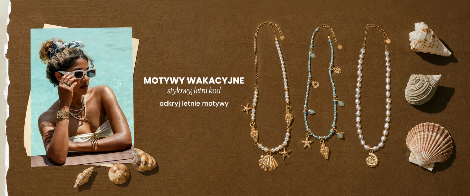Naszyjniki z wakacyjnymi motywami muszli i rozgwiazd oraz miniaturka zdjęcia z modelką w letniej stylizacji
