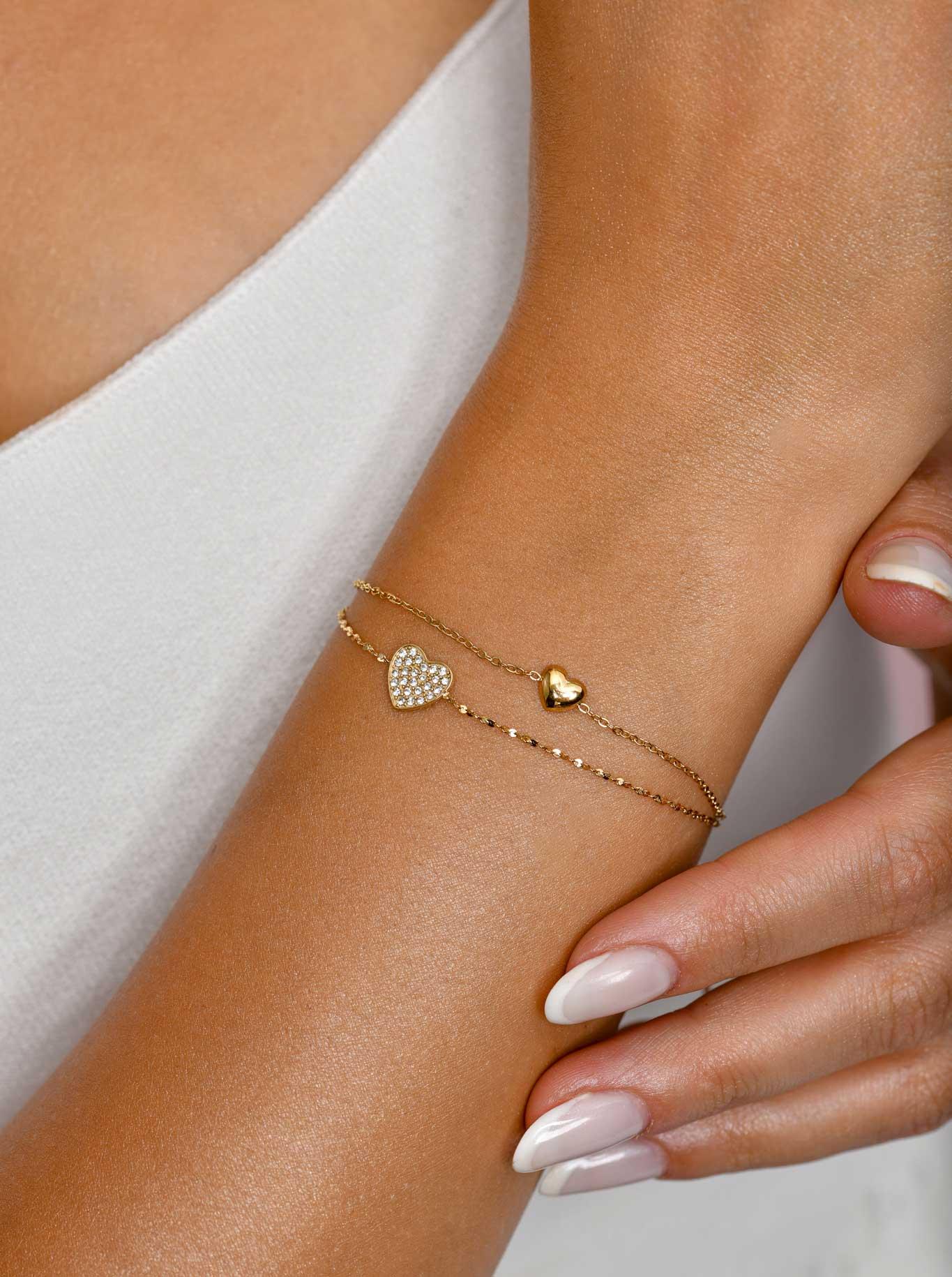 Bransoletka podwójna, serduszka, kryształki, złoty S106164Z00