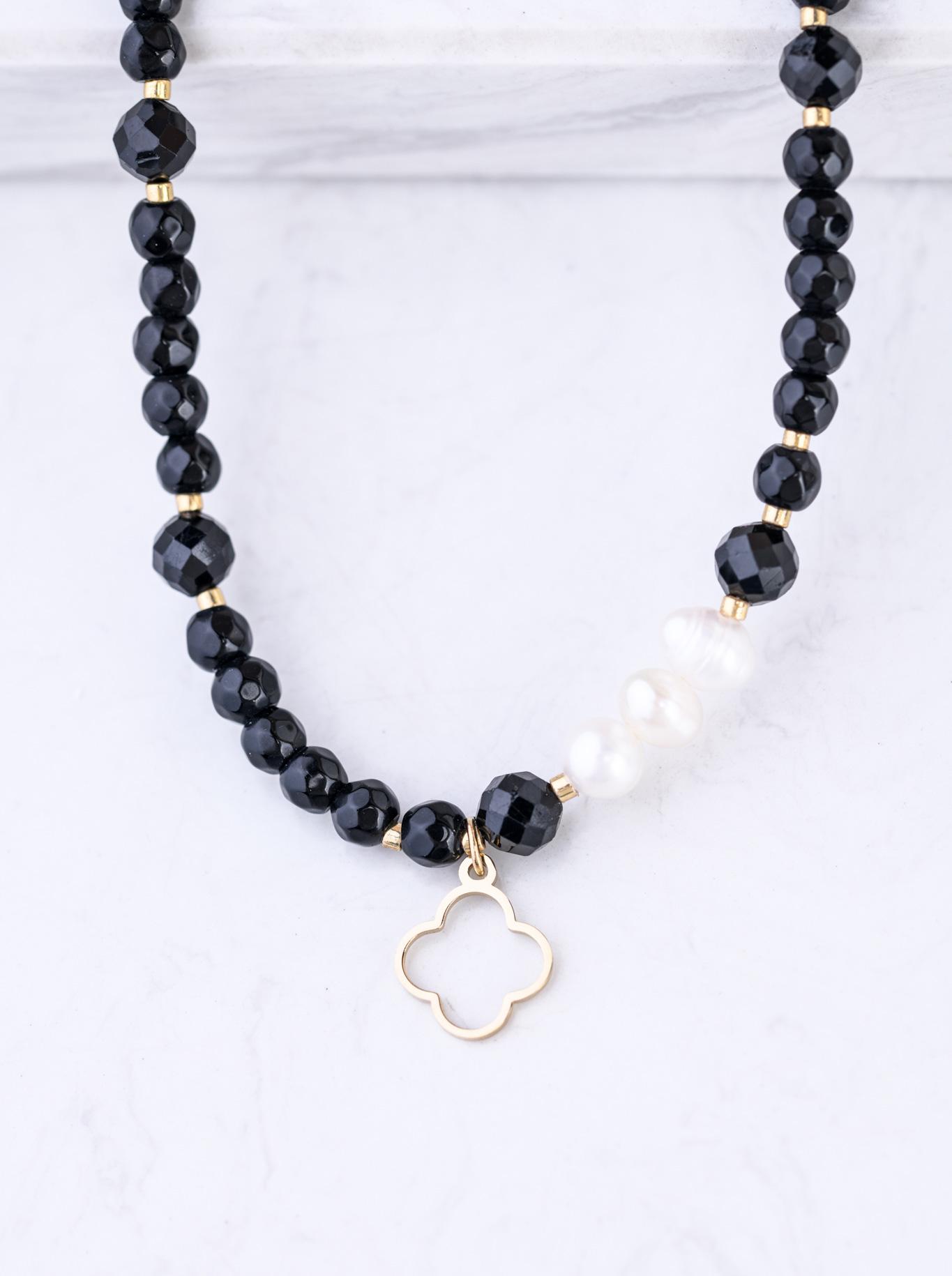 Choker koniczynka, perełki, Obsydian, stal pozłacana S309418Z01