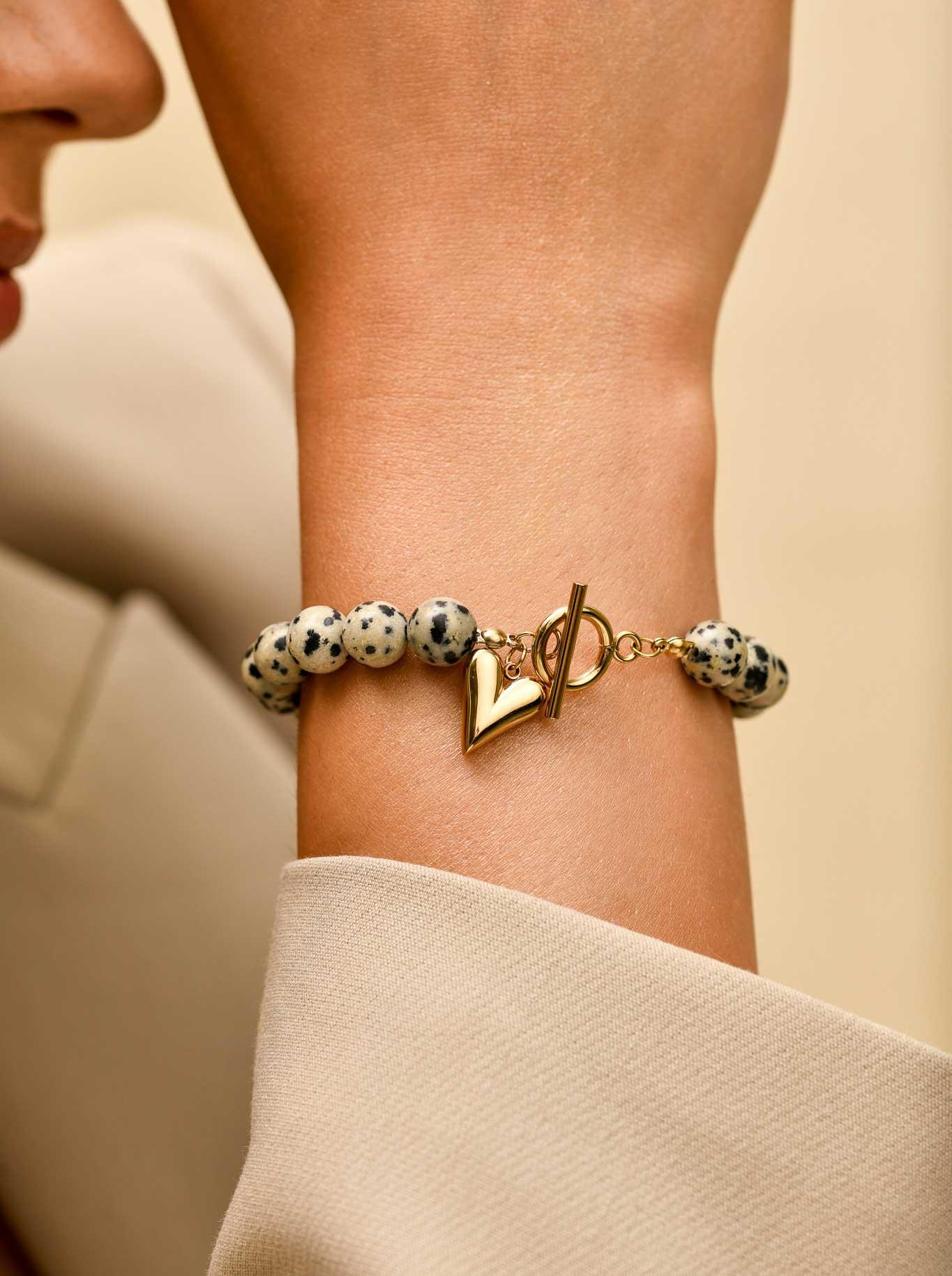 Bransoletka serce, Jaspis Dalmatyńczyk, stal pozłacana S109890Z00