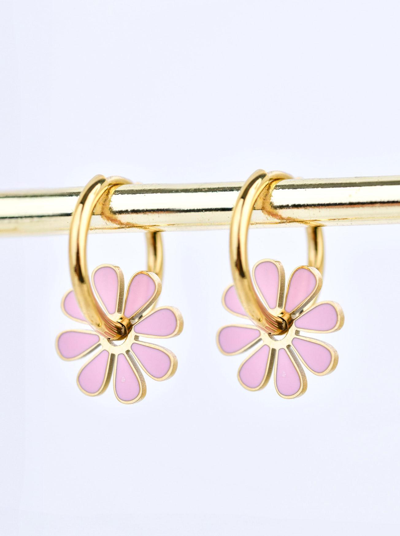 Kolczyki różowe kwiatuszki, stal pozłacana S210284Z06