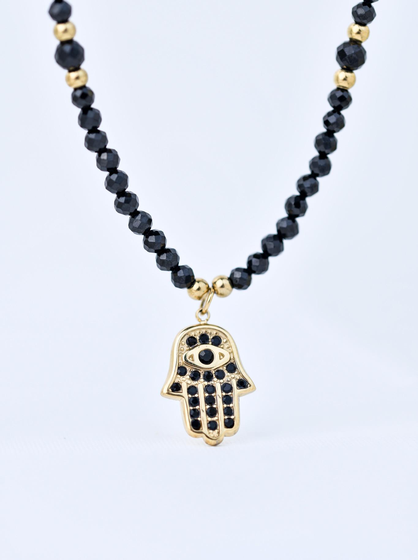 Choker czarny spinel, Ręka Fatimy, kryształki, stal pozłacana, S310599Z00