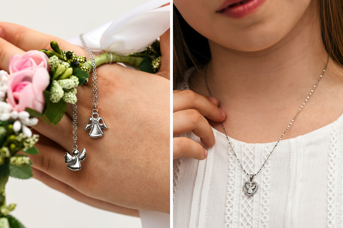 Łańcuszki z aniołem na komunię dla dziewczynki