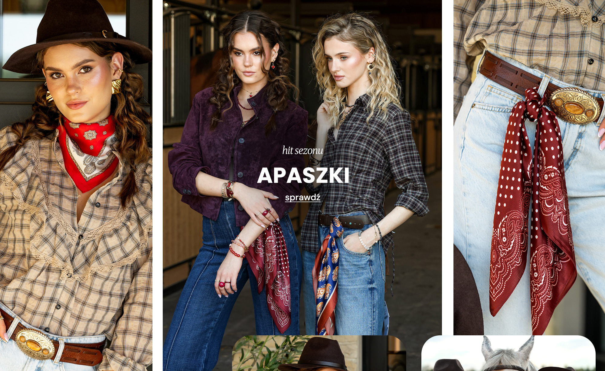 Dwie modelki z wzorzystymi apaszkami VEZZI przewiązanymi przy szyi i szlufce jeansów.